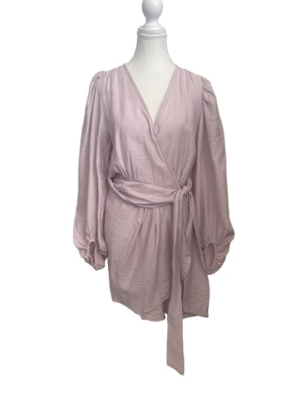 Light Peach Love Wrap Dress with Long Puff Sleeves M